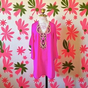 🌴 Lilly Pulitzer Avila Pink Silk Dress XS Berry Fizz Beaded Resort Style $278